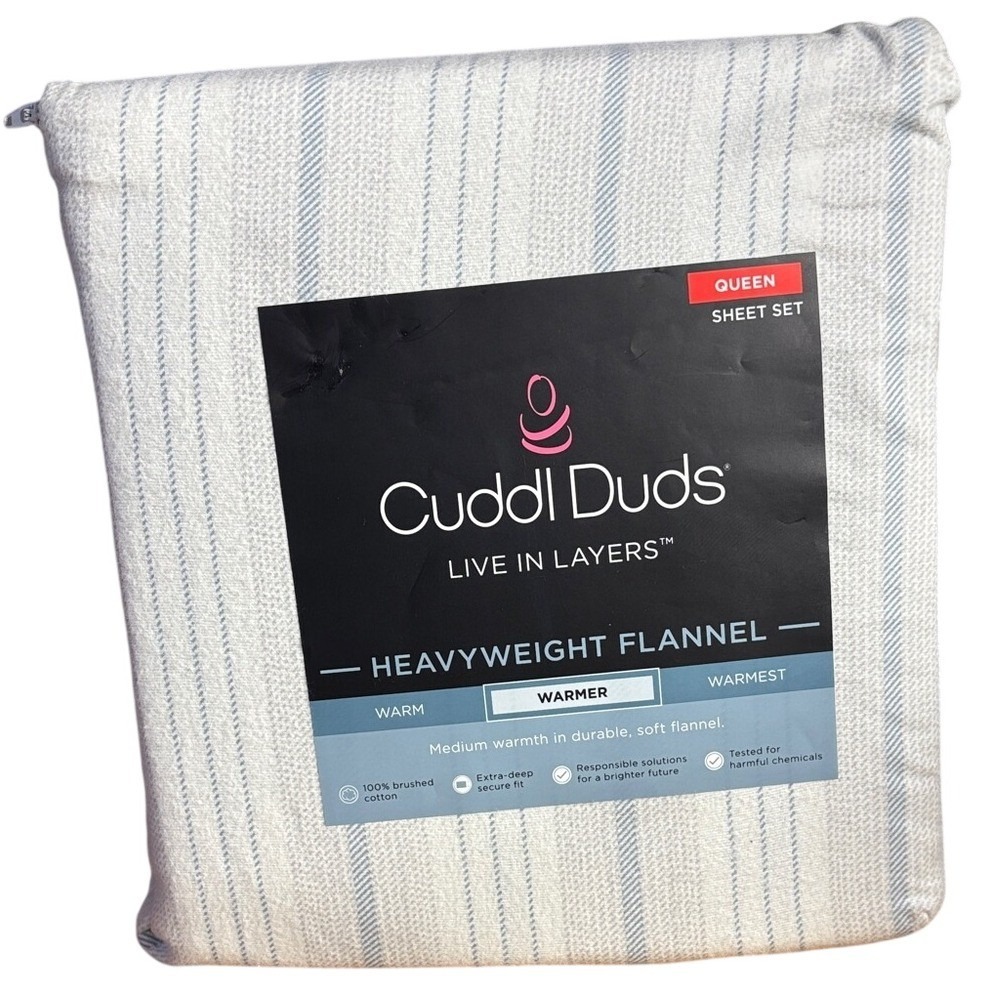 Cuddl Duds Heavyweight Flannel Sheet Set Queen Light Blue Striped Gift NEW